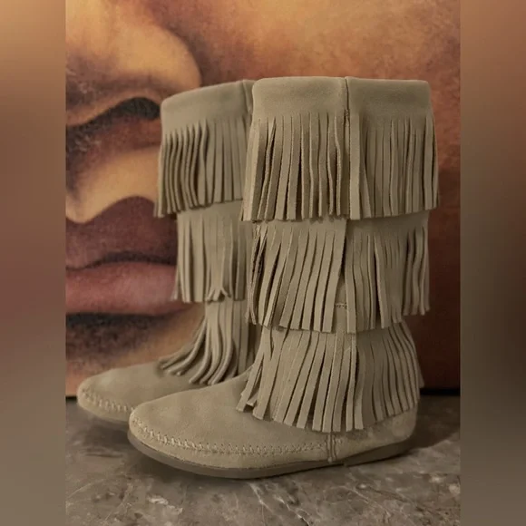Minnetonka Over the Knee Fringe Boots - Taupe - Picture 3 of 7